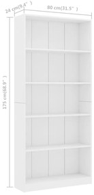 vidaXL Βιβλιοθήκη με 5 Ράφια Λευκή 80 x 24 x 175 εκ. από Επεξ. Ξύλο