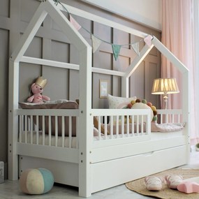 Κρεβάτι Παιδικό Montessori Piola  Plus με κάγκελα 23cm + Συρτάρι Ύπνου σε Λευκό  Ξύλου  80×160cm  Luletto (Δώρο 10% έκπτωση στο Στρώμα)