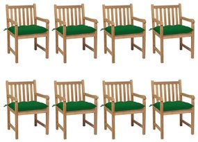 Καρέκλες Κήπου 8 Τεμαχίων Μασίφ Ξύλο Teak με Πράσινα Μαξιλάρια - Πράσινο