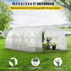 VEVOR Walk-in Tunnel Greenhouse, 20 x 10 x 7 ft Portable Plant Hot House w/ Galvanized Steel Hoops, 3 Top Beams, 4 Diagonal Poles, 2 Zippered Doors &amp; 12 Roll-up Windows, White