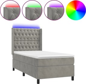 vidaXL Κρεβάτι Boxspring με Στρώμα &amp; LED Αν.Γκρι 90x200 εκ. Βελούδινο