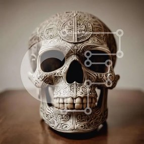 Intra Συλλεκτικό Ξύλινο Παζλ Plywood 4mm - Περίπλοκο σκαλιστό κρανίο σε παλιό ξύλινο τραπέζι Σε Ξύλινο Κουτί - Διαστάσεις Puzzle: 10x10 cm – 25 κομμάτια