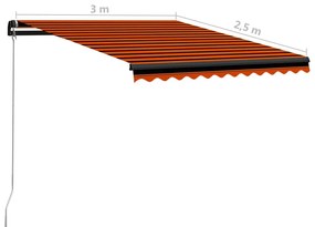 Τέντα Συρόμενη Χειροκίνητη με LED Πορτοκαλί/Καφέ 300 x 250 εκ. - Πολύχρωμο