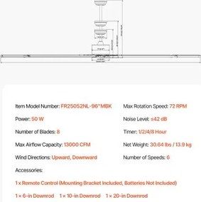VEVOR 244 cm Aluminum Ceiling Fan Without Light Remote Control DC Motor Black