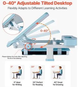 VEVOR Kids Chair and Desk Set Table Lamp Adjustable Height &amp; Tilted Desktop Blue