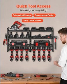 VEVOR Power Tool Organizer Wall Mount, 4-Layer Storage Rack with 8 Drill Holders, Tools Holder and Storage Rack with Screwdriver Holder, Garage Tool Organizer for Garage, Workbench, and Workshop