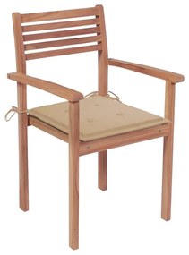 Καρέκλες Κήπου Στοιβαζ. 6 τεμ. από Μασίφ Ξύλο Teak με Μαξιλάρια - Μπεζ