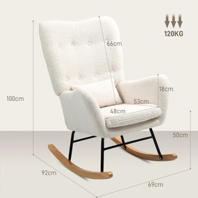 HOMCOM Πολυθρόνα λικνίσματος, ζεστό κάλυμμα, παχιά επένδυση, μαξιλάρι οσφυϊκής χώρας, αντιολισθητική, κρεμ λευκό