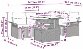 vidaXL Σετ Καναπέ Κήπου με μαξιλάρι 6 pcs Καφέ Πολυ ράταν