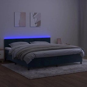 vidaXL Κρεβάτι Boxspring με Στρώμα &amp; LED Σκ. Μπλε 200x200εκ. Βελούδινο