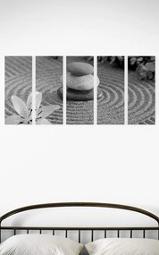 Εικόνα 5 μερών Κήπος Ζεν και πέτρες στην άμμο σε μαύρο & άσπρο - 100x50