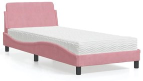 Κρεβάτι με Στρώμα Ροζ 90x190 εκ. Βελούδινο - Ροζ