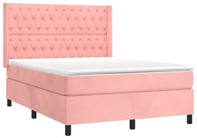 vidaXL Κρεβάτι Boxspring με Στρώμα & LED Ροζ 140x200 εκ. Βελούδινο