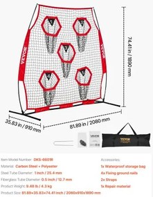VEVOR 1828.8x1828.8mm Football Trainer Throwing Net, Training Throwing Target Practice Net with 5 Target Pockets, Knotless Net Includes Straps and Portable Carry Case, Improve QB Throwing Accuracy,Red