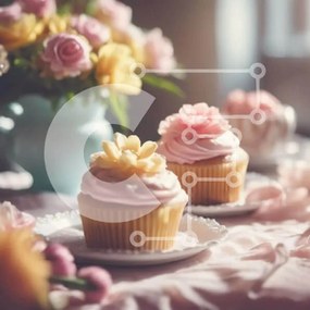 Intra Συλλεκτικό Ξύλινο Παζλ Plywood  4mm - Δύο cupcakes με ροζ πάγωμα και λουλούδια σε ένα λευκό πιάτο Σε Ξύλινο Κουτί - Διαστάσεις: 10x10 cm – 25 κομμάτια