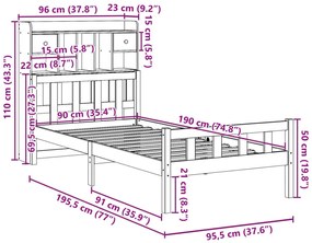 Κρεβάτι Βιβλιοθήκη Χωρίς Στρώμα 90x190 εκ Μασίφ Ξύλο Πεύκου - Καφέ
