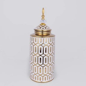 Βάζο Κεραμικό Με Καπάκι 752-20358 16.9x16.9x45.7cm White-Gold Estheti Home Κεραμικό