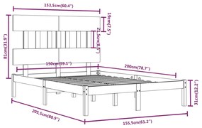 vidaXL Πλαίσιο Κρεβατιού Γκρι 150 x 200 εκ. Μασίφ Ξύλο King Size