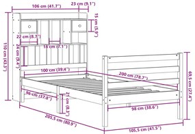 Κρεβάτι Βιβλιοθήκη Χωρίς Στρώμα 100x200 εκ Μασίφ Ξύλο Πεύκου - Καφέ