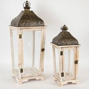 Φανάρια Ξύλινα 752-10026 (Σετ 2Τμχ) 20x20x47cm/27,5x27,5x69cm Beige-Dark Brown Estheti Home Wood,Metal