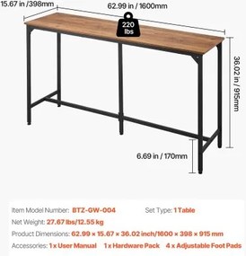 VEVOR Bar Table, 1PCS 1600.2mm Kitchen Bar Table, Tall Dining Tables with Rounded Edge, Rectangular High Top Kitchen Tables for Balcony, Living Room, Light Brown, Black, Extended Horizontal Design