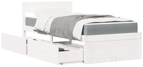 Κρεβάτι με Συρτάρια+Στρώμα Λευκό 90x190 εκ. Μασίφ Ξύλο Πεύκου - Λευκό