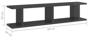 Ραφιέρες Τοίχου 2 τεμ. Γυαλιστερό Γκρι 90x18x20 εκ. Επεξ. Ξύλο - Γκρι