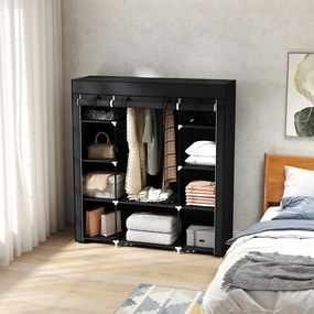 HOMCOM Υφασμάτινη ντουλάπα από μη υφαντό ύφασμα, πτυσσόμενη ντουλάπα, 1 ράβδος ρούχων, 9 ράφια, 150 cm x 43 cm x 162,5 cm, Μαύρο