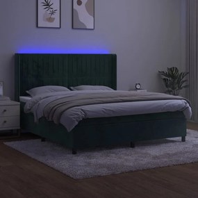 Κρεβάτι Boxspring με Στρώμα &amp; LED Σκ. Πράσινο 180x200εκ Βελούδο - Πράσινο