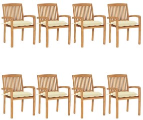 Καρέκλες Κήπου Στοιβαζόμενες 8 τεμ. Μασίφ Ξύλο Teak &amp; Μαξιλάρια - Λευκό