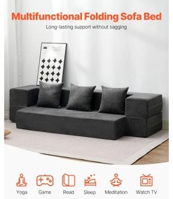 VEVOR Folding Sofa Bed 3-in-1 Foldable Couch Bed with 3 Pillows Dark Grey Twin