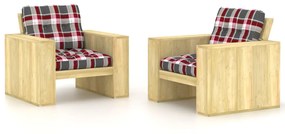 Καρέκλες Κήπου 2 τεμ. Εμπ. Ξύλο Πεύκου &amp; Κόκκινα Καρό Μαξιλάρια