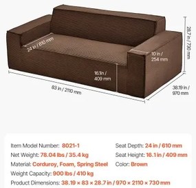 VEVOR 2110 mm Modern Sofa, Comfy Corduroy Couch with Deep Seats, Cloud Sofa with Wide Armrests, No Assembly Required, Large Plush Couch Ideal for Living Room, Bedroom, Apartment and Office, Brown