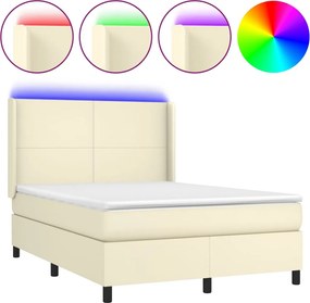 vidaXL Κρεβάτι Boxspring με Στρώμα &amp; LED Κρεμ 140x190 εκ. Συνθ. Δέρμα