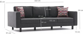 Τριθέσιος Καναπές Ανθρακί KALE LINEN 91x222x83