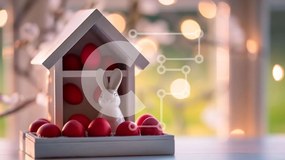 Intra Συλλεκτικό Ξύλινο Παζλ Plywood  4mm - Πασχαλινό λαγουδάκι σπίτι με κόκκινα αυγά και κεριά Σε Ξύλινο Κουτί - Διαστάσεις: 10x10 cm – 25 κομμάτια