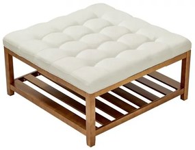 VEVOE Large Square Ottoman Coffee Table, 87.5 cm Tufted Coffee Table with Solid Wood Shelf Storage, Linen Solid Upholstered Footrest Ottoman for Bedroom Living Room, 400 LBS, Off-White