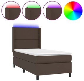 vidaXL Κρεβάτι Boxspring με Στρώμα & LED Καφέ 90x200 εκ. Συνθ. Δέρμα