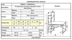 Η/Υ (4 ΓΡΑΦΕΙΟ ράφια) 100x48x70/118cm Μεταλ.Μαύρο/Φυσικό
