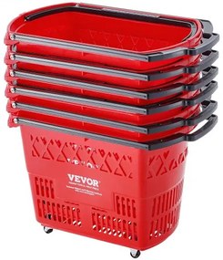 VEVOR Plastic Rolling Shopping Trolley Basket On Wheels 6PCS 39L with Handle Red