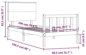 Πλαίσιο Κρεβατιού με Κεφαλάρι Μαύρο Μασίφ Ξύλο Small Single 195,5 x 80,5 x 82,5 εκ. - Μαύρο