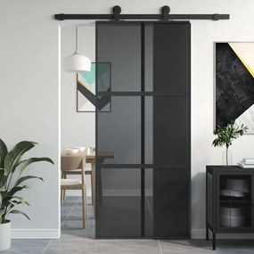 Συρόμενη Πόρτα Μαύρη 90 x 205 εκ. από Ψημένο Γυαλί &amp; Αλουμίνιο