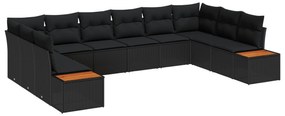 vidaXL 10 τεμαχίων σετ καναπέ κήπου με μαξιλάρια Μαύρο Συνθετικό ρατάν Ακακία