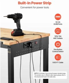 VEVOR 48" Workbench on Wheels Adjustable Height Table with Power Outlet &amp; Pegboard