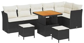 vidaXL Σετ καναπέ κήπου 9 κομματιών με μαξιλάρια, Μαύρο Πολυ-Ράτταν, Ακακία