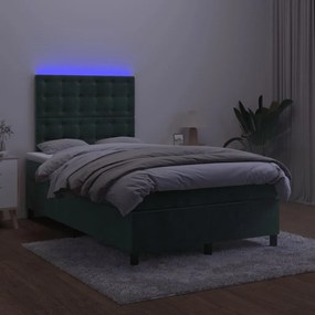 vidaXL Κρεβάτι Boxspring με Στρώμα & LED Σκ. Πράσινο 120x200εκ Βελούδο