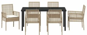 vidaXL Σέτ φαγητού για κήπο με μαξιλάρι 7 pcs Μπεζ συνθετικό ρατάν