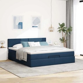 vidaXL Οθωμανικό κρεβάτι με στρώμα &amp; LEDs Μπλε 160x200cm ύφασμα