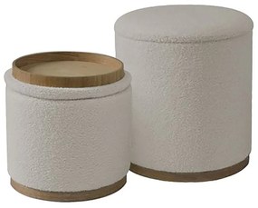 WOODWELL Ε70401MATIC Set-2 Σκαμπό-Τραπεζάκι με Αποθηκευτικό Χώρο, Teddy Ύφασμα Εκρού Φ38cm H.45cm + Φ34cm H.32cm Ε70401