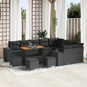 vidaXL Σετ Καναπέ Κήπου 13 Τεμαχίων με Μαξιλάρια Μαύρο Συνθετικό Ρατάν Ακακία